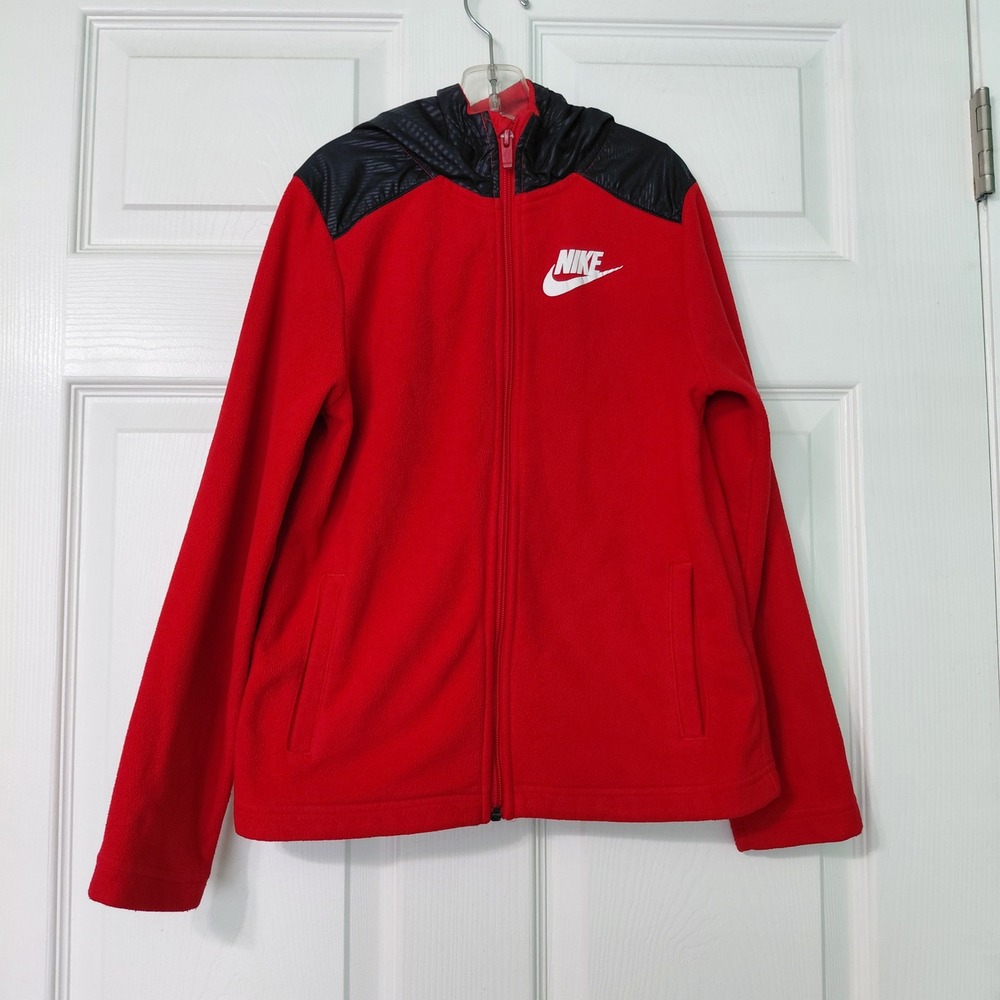 Nike Boys Red Black Sportswear Full Zip Fleece Hoodie CZ4516-657 Size Medium